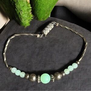 Vintage Silver Tone Jade or Chalcedony Chrysoprase or Jadeite Bead Bracelet